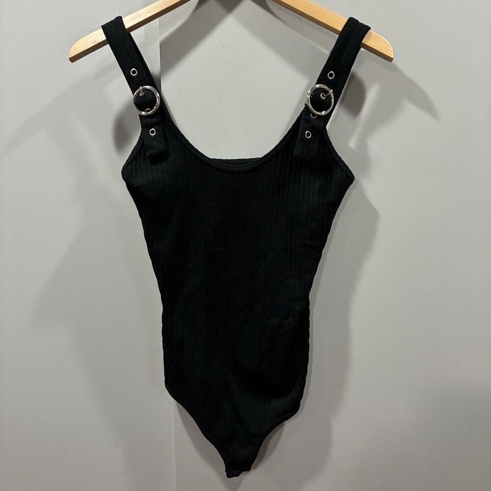 Y2K Black Ribbed Bodysuit O-Ring Adjustable Strap Tank Stretch Seamless L/XL